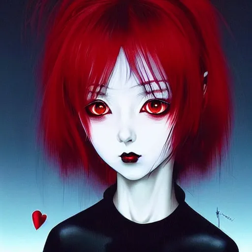 Image similar to beautiful! beautiful! coherent and aesthetically pleasing! portrait of an anime goth clowngirl with lovely red eyes and black lips and a pouty demeanor, painted by ilya kuvshinov!!! and zdzislaw beksinski