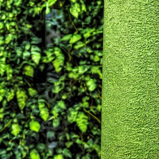 Image similar to photo realistic, high level of detail, high resolution : ( subject = steel pillar and ( object = vines + object detail = green, lush ) ) + ( perspective = diminishing scale + low focal point, low focus distance )