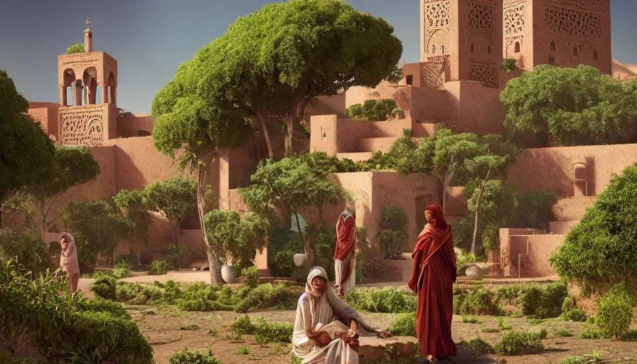 Image similar to very very small moroccan village, sitting on a gigantic green leaf by ilya kuvshinov, rtx rendering, octane render 1 2 8 k, maya, extreme high intricate details by tom bagshaw, medium shot, close up shot, composition by sana takeda, lighting by greg rutkowski