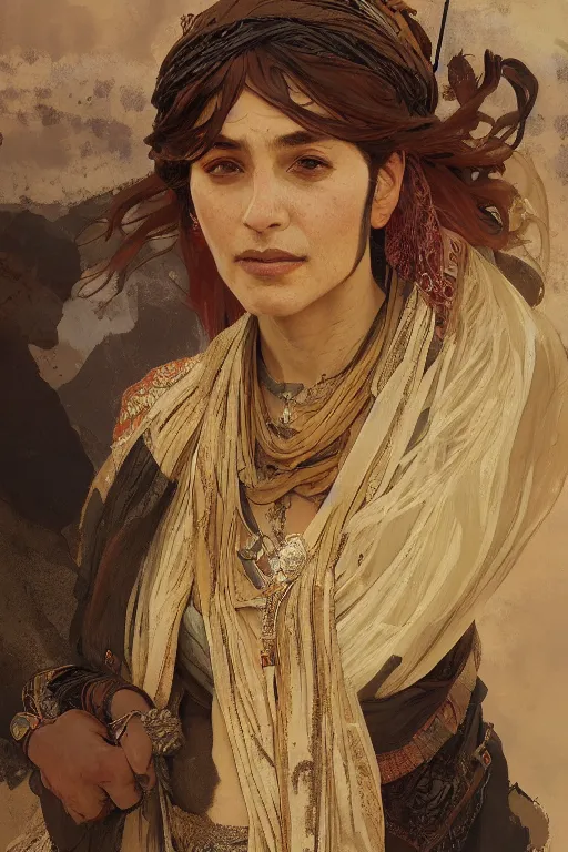 Image similar to A full portrait of an ancient Bedouin traveling spice merchant intricate, elegant, highly detailed, digital painting, artstation, concept art, smooth, sharp focus, illustration, art by Krenz Cushart and Artem Demura and alphonse mucha