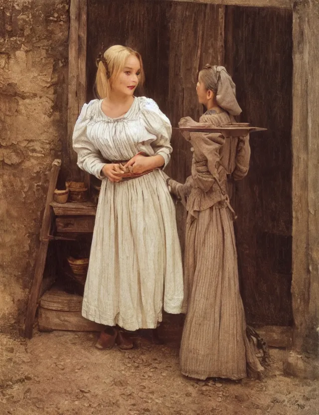 Image similar to peasant girl trying dress in front of a mirror, on a village, Cinematic focus, Polaroid photo, vintage, neutral colors, soft lights, foggy, by Steve Hanks, by Serov Valentin, by lisa yuskavage, by Andrei Tarkovsky 8k render, detailed, oil on canvas