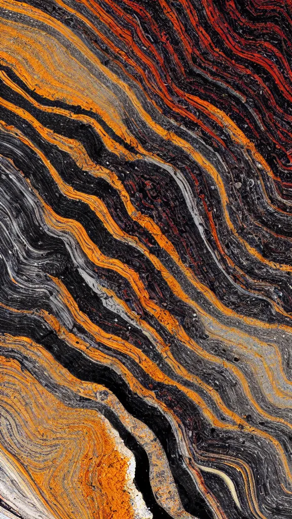 Image similar to vivid color, alien sedimentary schematic, organic swirling igneous rock, marbled veins, architectural drawing with layers of strata, ochre, sienna, black, gray, olive, mineral grains, dramatic lighting, rock texture, flowing crystal, sand by James jean, geology, octane render in the style of Luis García Mozos