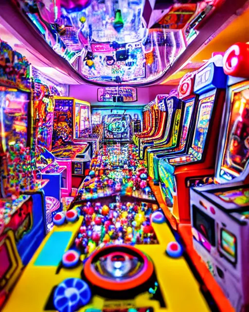 Prompt: crowded city made of arcade machines and buildings made of candy, cute elaborate epic robot, candy colors, pinball machine parts, symmetrical, bubbles everywhere, video game consoles, colored wires, translucent, clear parts, detailed by pokedstudio