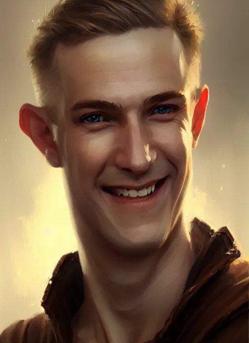 Image similar to a _ fantasy _ style _ portrait _ painting _ of white male short fringe light brown hair short face grinning clean shaven short head, rpg dnd oil _ painting _ unreal _ 5 _ daz. _ rpg _ portrait _ extremely _ detailed _ artgerm _ greg _ rutkowski _ greg