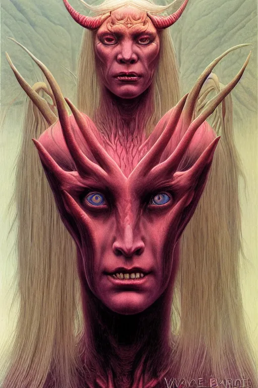 Prompt: female demon in the wild nature, dressed, blonde hair, symmetry, sci - fi, dark fantasy, by wayne barlowe