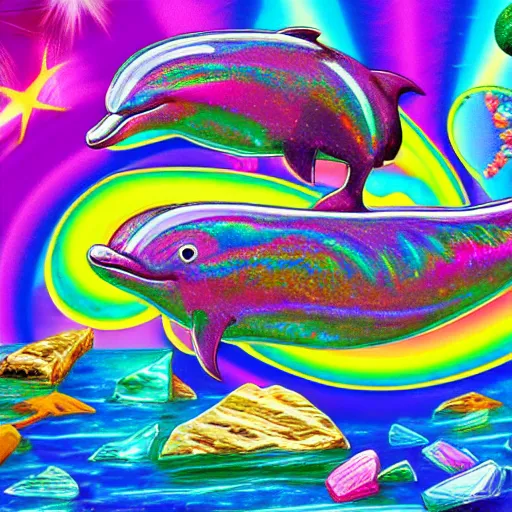 Prompt: dolphins jumping over a pile of crystal rocks in a lisa frank style, digital art