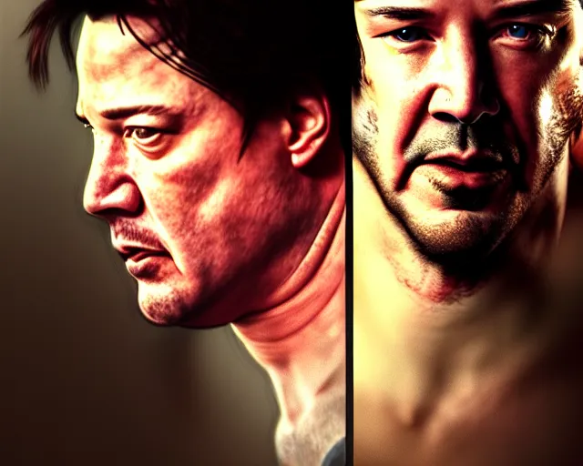 Prompt: hdr portrait photography brendan fraser boxing against keanu reeves, cinematic, coherent portraits, from time magazine, intricate, elegant, highly detailed, digital photo, trending on artstation, hdr photo, smooth, sharp focus, illustration, art by artgerm and greg rutkowski and alphonse mucha