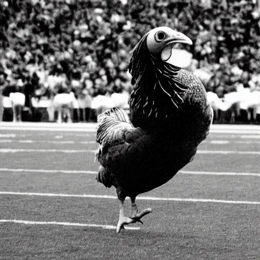 Image similar to the famous funky chicken runs across a football field, interrupting the big game, 3 5 mm