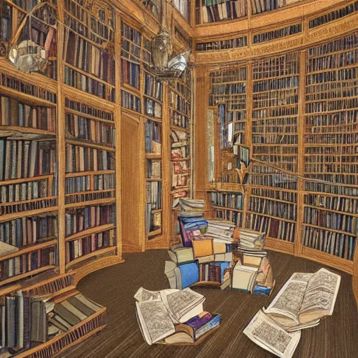 Prompt: realistic detailed view of a dusty library with piles of books by emilia dziubak, will terry, greg olsen, chris mars, ann long, and mark brooks, fairytale, art nouveau, victorian, neo - gothic, character concept design, smooth, extremely sharp detail, finely tuned detail, story book design, storybook layout