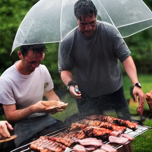 Image similar to portrait of people doing bbq under heavy rain