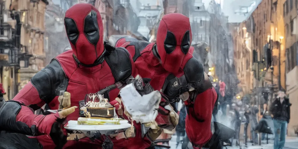 Image similar to still film, deadpool holding a birthday cake in bergen norway, candles in his head, high resolution