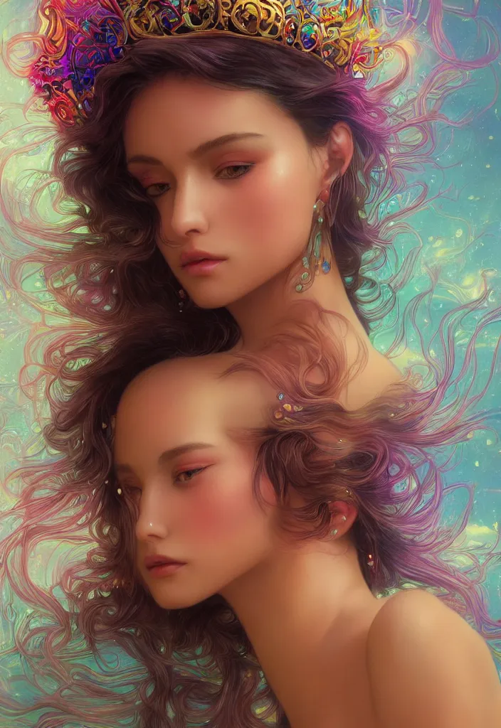 Image similar to beautiful, young woman, detailed gorgeous face, vaporwave aesthetic, synthwave, colorful, psychedelic, water droplets, feathers, crown, artstation, concept art, smooth, extremely sharp detail, finely tuned detail, ultra high definition, 8 k, unreal engine 5, ultra sharp focus, illustration, art by artgerm and greg rutkowski and alphonse mucha