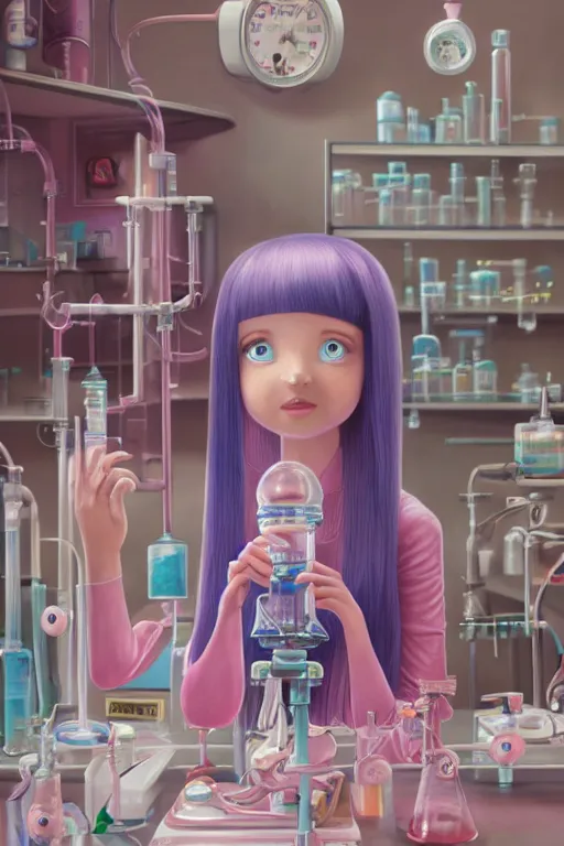 Prompt: highly detailed, industrial photography, profile photo of adult princess bubblegum from adventure time, working in her science lab, wearing lab coat, long bubblegum hair, long straight bangs, confident, beautiful, attractive, illustration concept art by nicoletta ceccoli, mark ryden, lostfish, detailed and intricate environment, 8 k resolution, hyperrealistic, octane render