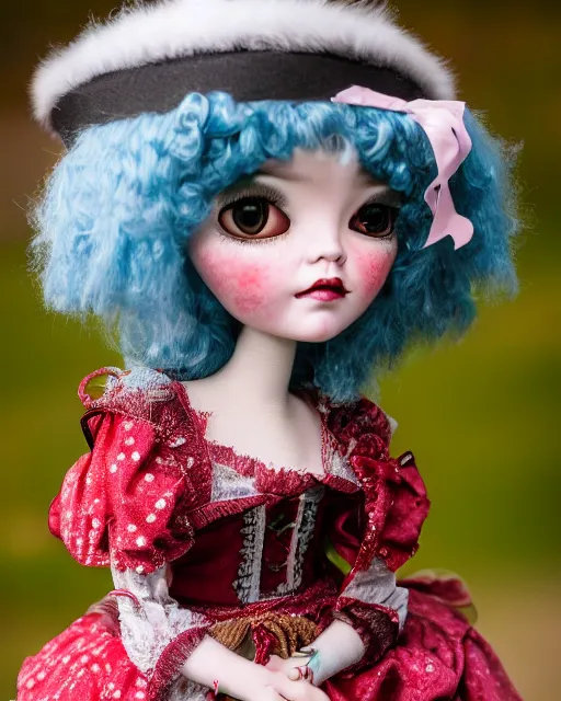 Image similar to high quality presentation photo of a cute pocelain doll, Mark Ryden style,, photography 4k, f1.8 anamorphic, bokeh, 4k, Canon, Nikon