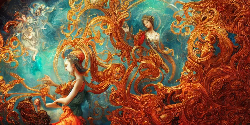 Image similar to ai dreams of god. baroque, deep focus, fantasy, intricate, elegant, highly detailed, digital painting, artstation, sharp focus, illustration. scarlet - green and mustard - indigo and azure - orange and white color scheme.