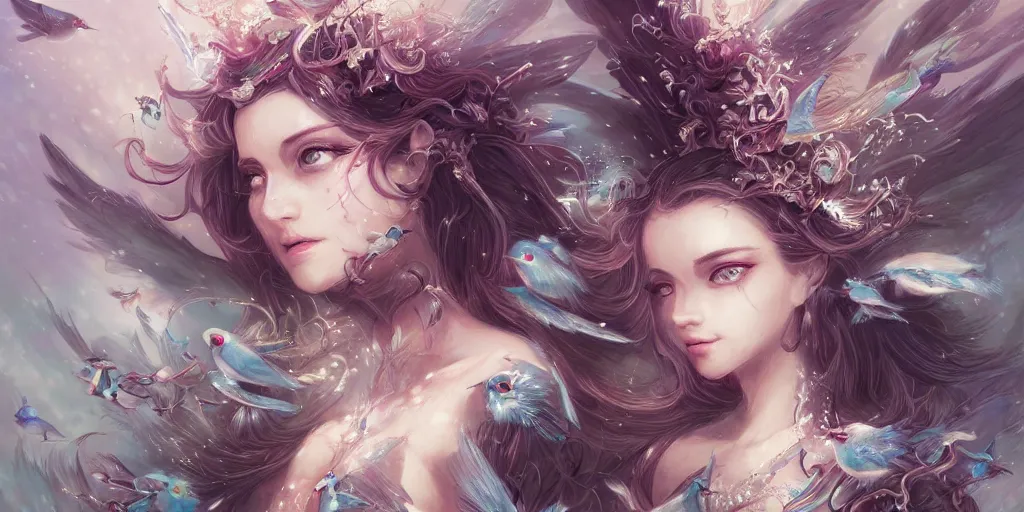 Image similar to A flock of birds transforming into a beautiful princess by ross tran, hyper-detailed, intricate, wide angle, beautiful, fantasy, concept art