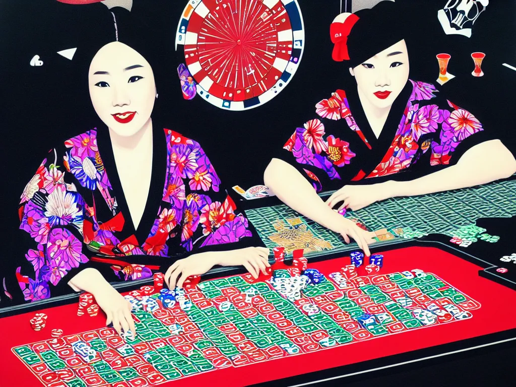 Image similar to hyperrealistim composition of the detailed single woman in a japanese kimono sitting at a extremely detailed poker table with darth vader, fireworks, river on the background, pop - art style, jacky tsai style, andy warhol style, acrylic on canvas