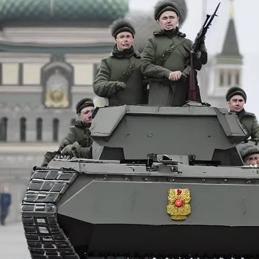 Image similar to russian soldiers in full uniform ride on an armored personnel carrier with the flag of the russian empire