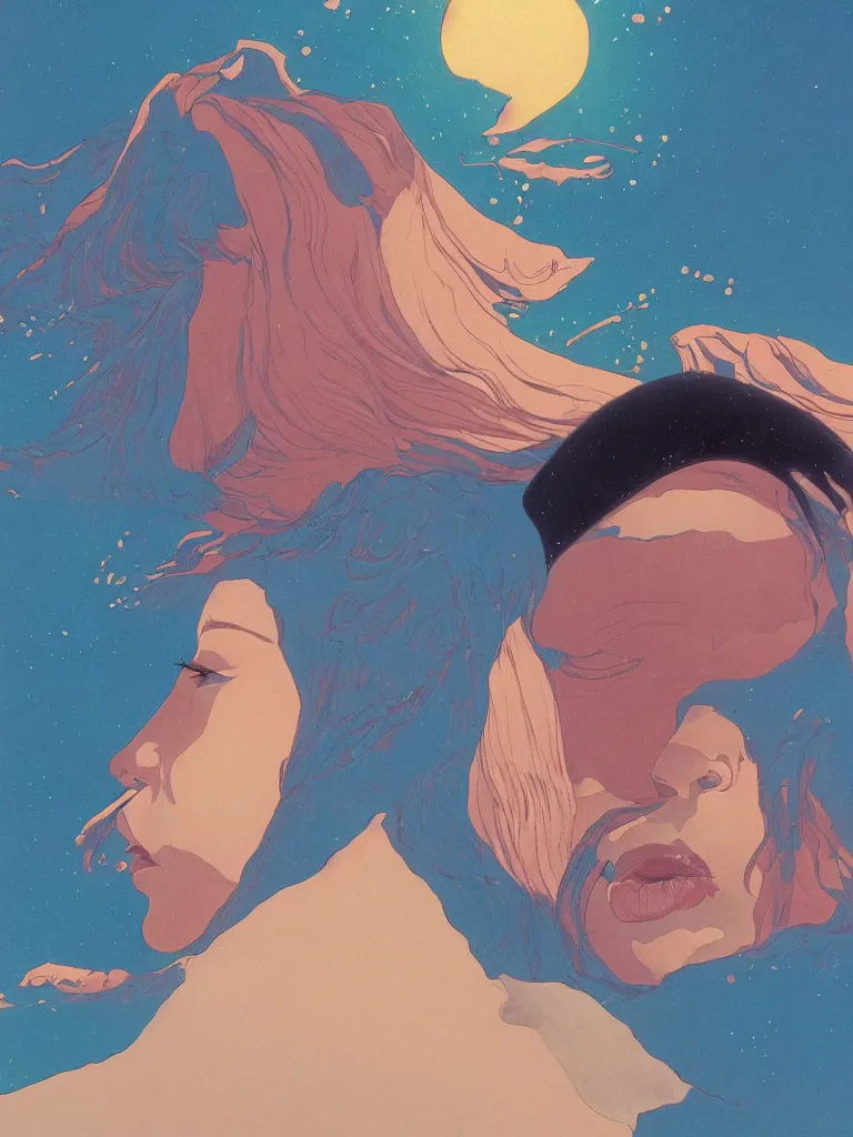Prompt: a closeup portrait of a young siberian woman sucking a blotter paper of lsd acid and dreaming psychedelic hallucinations in the vast icy landscape of antarctica, by kawase hasui, moebius and edward hopper, colorful flat surreal design, hd, 8 k, artstation