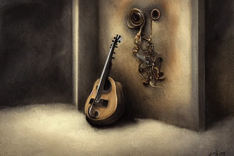 Image similar to still life painting, musical instument alone - a lute with smoke wisping up from its smoldering string, cursed baroque with ebony inlay, designed by brian froud and hr giger leans against the wall alone, abandoned. an empty brutalist chamber, lonely, somberlate afternoon lighting cinematic fantasy painting by jessica rossier