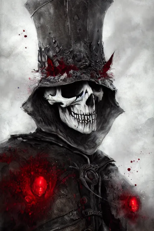 Image similar to the ghost - spirit of the grim - hatter wears the scarlet skull armor and blood crown, midnight fog - mist!, dark oil painting colors, realism, cinematic lighting, various refining methods, micro macro autofocus, ultra definition, award winning photo