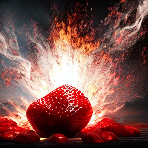 Image similar to exploding strawberry, octane render, highly detailed fire, highly detailed explosion, white background, ue 5, big explosion, realistic colors, realistic shadows, realistic reflections