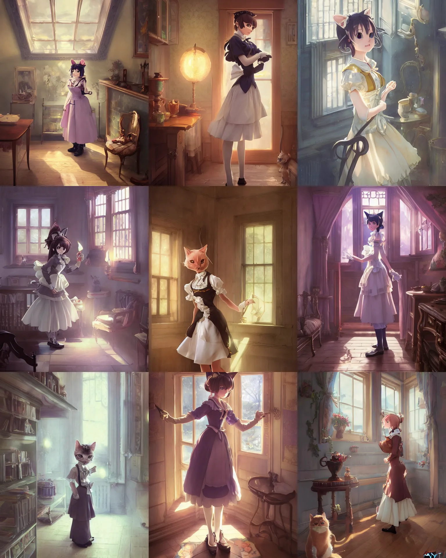 Prompt: an anthropomorphic cat maid, standing in a Victorian house, female, Victorian, wearing maid outfit, atmospheric lighting, stunning, soft lighting, vivid colors. By Makoto Shinkai, Stanley Artgerm Lau, WLOP, Rossdraws, James Jean, Andrei Riabovitchev, Marc Simonetti, krenz cushart, Sakimichan, D&D trending on ArtStation, digital art.