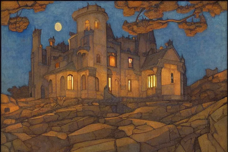 Image similar to beautiful stone house at twilight by Annie Swynnerton and Nicholas Roerich and jean delville, strong dramatic cinematic lighting , ornate tiled architecture, lost civilizations, smooth, sharp focus, extremely detailed