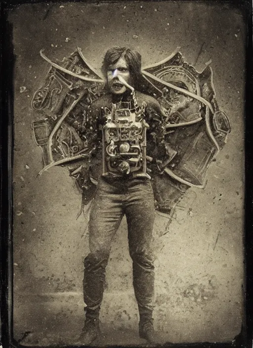 Prompt: old wetplate daguerreotype half man, half demon, explosion of data fragments, fractal, intricate, elegant, highly detailed, parallax, leica, medium format, subsurface scattering, by jheronimus bosch and greg rutkowski and louis jacques mande daguerre