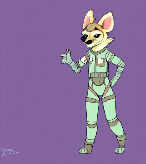 Prompt: digital detailed full body of anthromorphic female hyena, in style of zootopia, fursona, furry, furaffinity, 4 k, deviantart, wearing astronaut outfit, in style of zootopia, floating in space, space background, in deep space, dark background, hyena fursona, cyberpunk, female, stylized face,