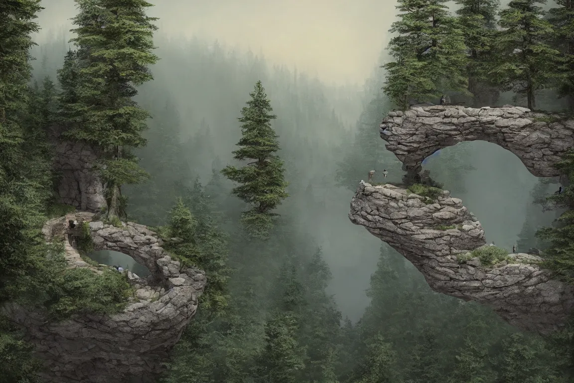 Prompt: A beautiful matte drawing of a ellipse-shaped building with rounded windows, standing on a large cliff near a coniferous forest. A thin stone bridge goes over the cliff. View from afar, photorealism, fog, 8k, 16k