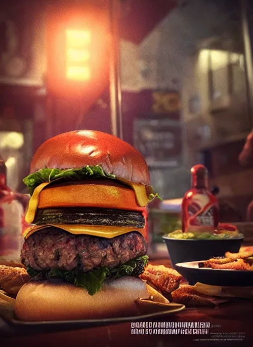 Prompt: “burger gone wild, mega detailed, volumetric lighting, beautiful, golden hour, sharp focus, ultra detailed, cgsociety by Leesha Hannigan, Ross Tran, Thierry Doizon, Kai Carpenter, Ignacio Fernández Ríos, noir photorealism, film”