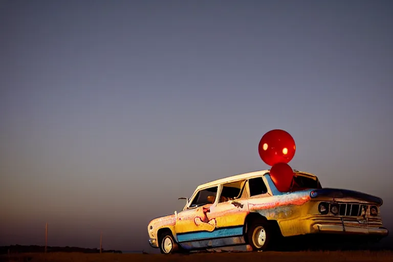 Prompt: clowncar at a california drive in, in 2 0 1 2, cutecore clowncore, bathed in the the glow of the sunset, low - light photograph, in style of tyler mitchell