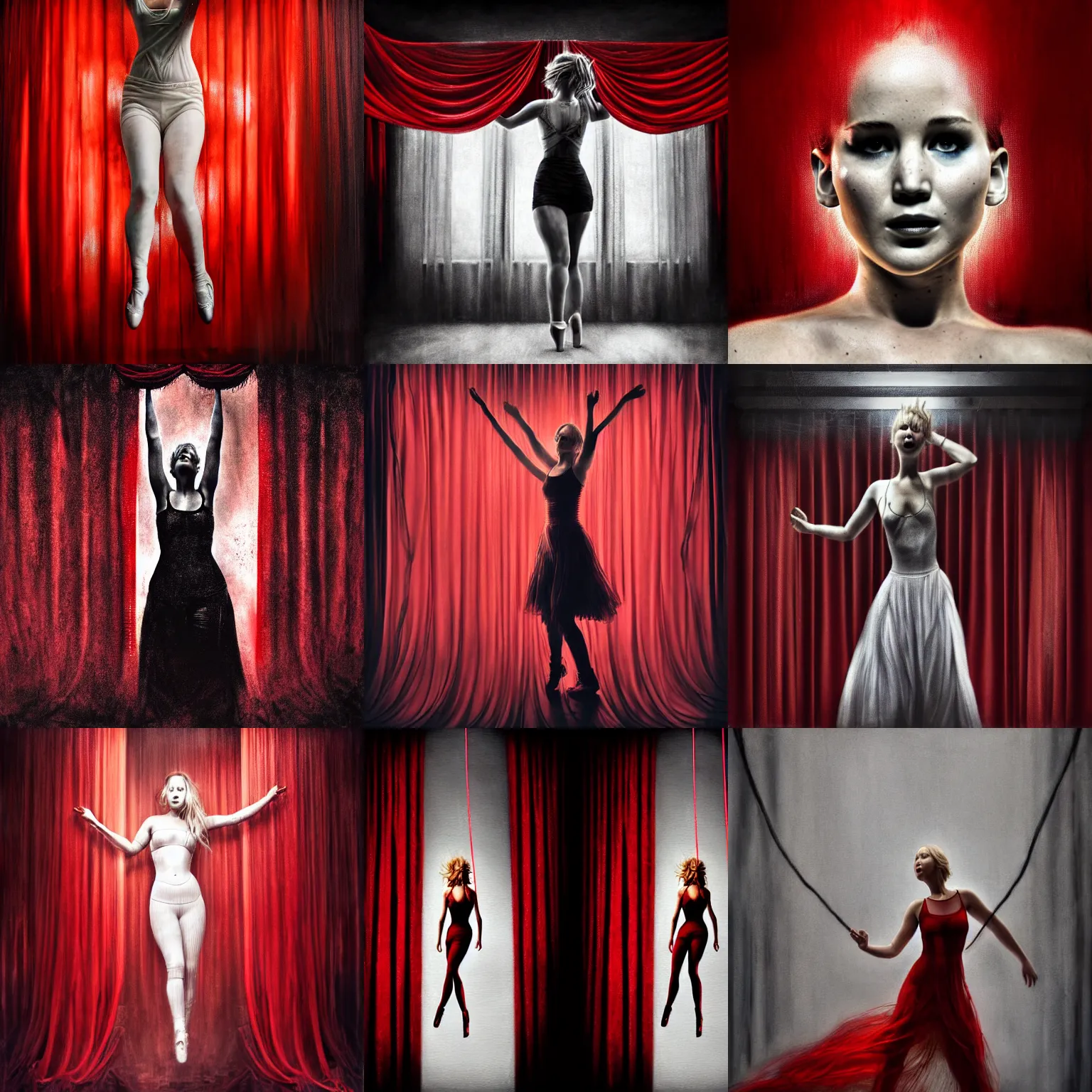Prompt: dancing Jennifer Lawrence as a (((puppet strings))) behind red curtains by Brooke Shaden, big white strings from wrists to ceiling, close-up shot taken from behind, intricate, dystopian, sci-fi, extremely detailed, digital painting, artstation, concept art, smooth, sharp focus, illustration, intimidating lighting, incredible art, details visible, very dark ambiance