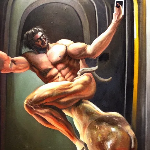 Image similar to a beautiful oil painting painting of the minotaur riding on the subway, staring at his cell phone