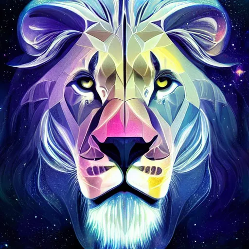 Image similar to geometric symmetrical lion with galaxy eyes in space, nebula in the background, intricate, elegant, highly detailed, digital painting, artstation, concept art, smooth, sharp focus, illustration, art by artgerm