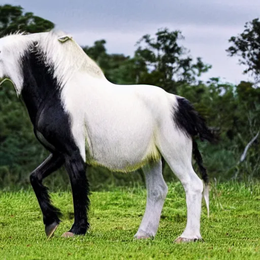 Image similar to A creature with a white ape on the upper body and black horse legs