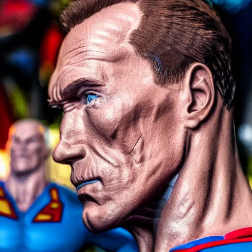 Image similar to a profile shot of Arnold Shvarzenegger as Superman, DC Comics, 8k, hyperrealism, cinematic lighting, Canon EOS R3, f/1.4, ISO 200, 1/160s, 8K, RAW, unedited, symmetrical balance, in-frame