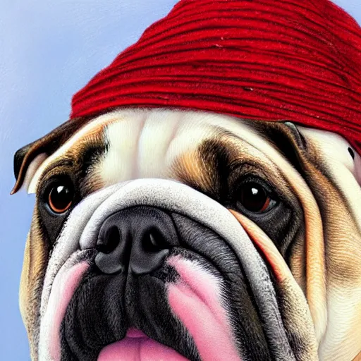 Prompt: close-up of a bulldog wearing a beanie, highly detailed, sharp focus, digital painting, artwork by Victor Adame Minguez + Yuumei + Tom Lovell + Sandro Botticelli