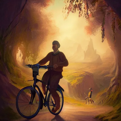 Prompt: a bicycle food delivery worker in ireland, magical atmosphere, magical atmosphere, trending on artstation, 30mm, by Noah Bradley trending on ArtStation, deviantart, high detail, stylized portrait