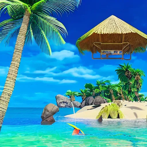 Image similar to laguna. clear blue water. sun shine. colourful birds. paradise. beach. palm trees. a hammock by h. p. lovecraft, abaddon and magali villeneuve, ghibli moebius, 8 k, epic scene, scifi, unreal engine, trending on cg station. masterpiece.