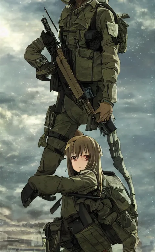 Prompt: girl, trading card front, future soldier clothing, future combat gear, realistic anatomy, concept art, professional, by ufotable anime studio, green screen, volumetric lights, stunning, military camp in the background, metal hard surfaces, focus on generate the face, one eye is closed
