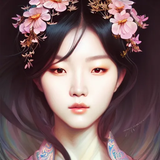 Image similar to Portrait of a beautiful korean female idol, face, fantasy, intricate, elegant, highly detailed, digital painting, artstation, concept art, smooth, sharp focus, illustration, art by Sam Youn and Fernanda Suarez and Artem Demura and alphonse mucha