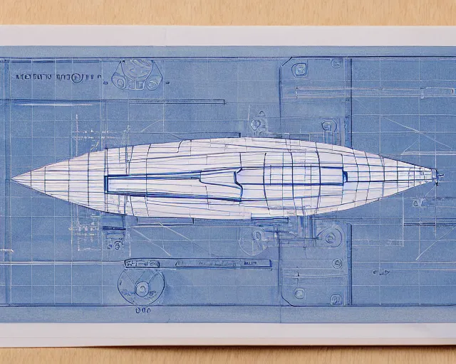 Prompt: blueprint of spaceship, technical drawing on blue notebook, intricate detail, centered with clean background, studio lighting, award winning photography, 8 k