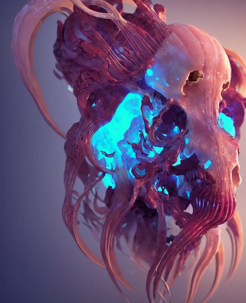 Image similar to goddess close-up portrait goat skull. jellyfish phoenix head, nautilus, orchid, skull, betta fish, bioluminiscent creatures, intricate artwork by Tooth Wu and wlop and beeple. octane render, trending on artstation, greg rutkowski very coherent symmetrical artwork. cinematic, hyper realism, high detail, octane render, 8k