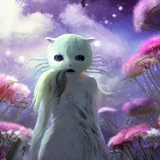 Prompt: detailed spirit creature with eyes in the flowers at night made by studio ghibli, beautiful scene, detailed, high quality, high details, smooth, ghibli artstyle, 8 k, guy