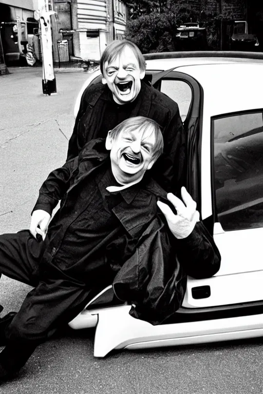 Image similar to Mark E Smith laughing at a Toyota Yaris car