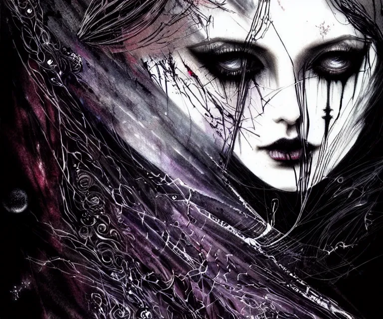 Image similar to stunning otherworldly gothic goddess of beauty, dark and mysterious, atmospheric, ominous, eerie, cinematic, epic, 8 k, 4 k, ultra detail, ultra realistic, rendered by awesomeness. nights falling wind is blowwing snow is pilling concept art in style of carne griffiths artwork by xsullo