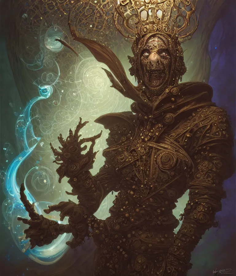 Image similar to front shot of a court jester character, hyperdimensional, bioluminescent hypercubes, dark holography!!!, (((intricate))), elegant, highly detailed, centered, (((artstation, concept art, smooth, sharp focus, artgerm, Tomasz Alen Kopera, Peter Mohrbacher, donato giancola, Joseph Christian Leyendecker, WLOP, Boris Vallejo))), mugshot!!!!!, ugly!!!!!!, octane render, nvidia raytracing demo, octane render, nvidia raytracing demo, octane render, nvidia raytracing demo, grainy, muted, 8K, digitalblasphemy, metatron