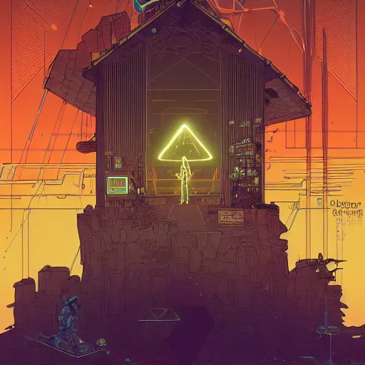 Image similar to Stunningly intricate illustration of a cyberpunk explorer meditating next to a floating triangular glowing monolith, highly detailed, midnight, by Victo Ngai and James Gilleard , Moebius, Laurie Greasley